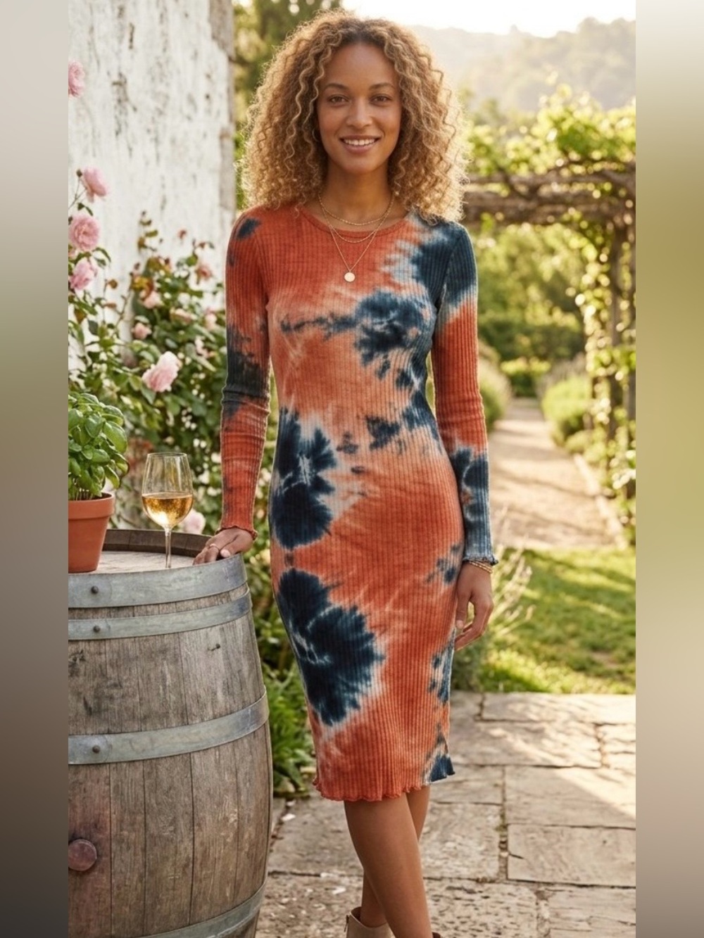 Heart & Hips Tie-Dye Ribbed Long Sleeve Midi Dress SZ L EUC
